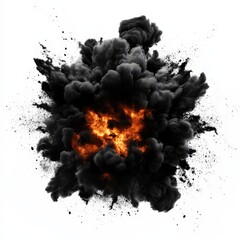 A dramatic explosion composed of dark smoke and fiery orange flames, creating an intense and chaotic visual effect.