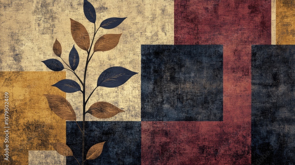 Poster contrasting color design pattern featuring a floral motif on a textured background with box elements