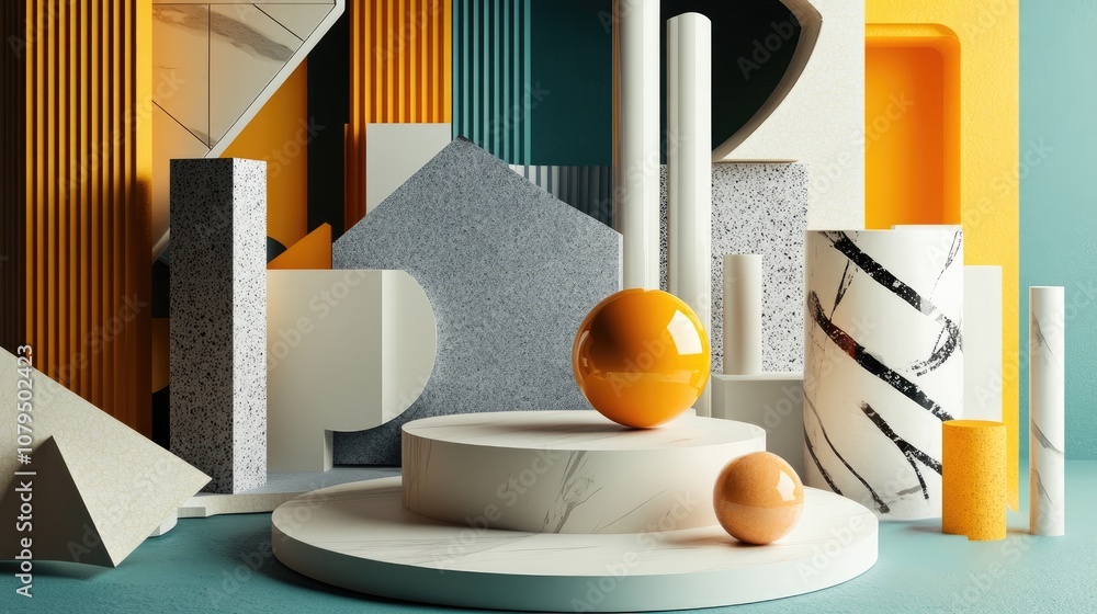 Poster Abstract geometric design featuring various materials Background suitable for product presentations with a three dimensional podium for display elements