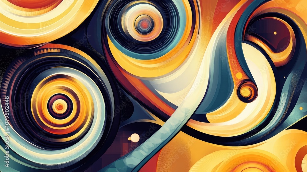 Poster abstract swirling spiral elements with geometric patterns and twisted shapes