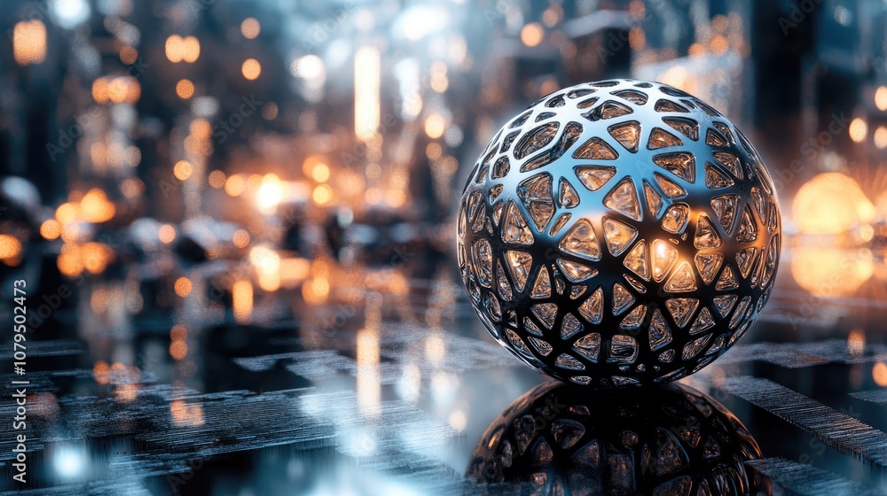 Poster abstract 3d rendering of a metallic sphere featuring a smooth lattice design set against a sci fi ba