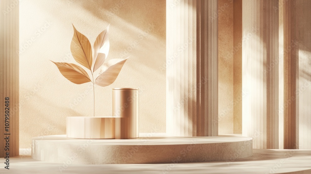 Fototapete minimalistic scene featuring geometric shapes with cylinder podiums in the background and a paper le