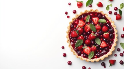Freshly Baked Fruit Tart with Strawberries and Cherries Decorated with Mint Leaves on a White Background for Culinary and Dessert Photography