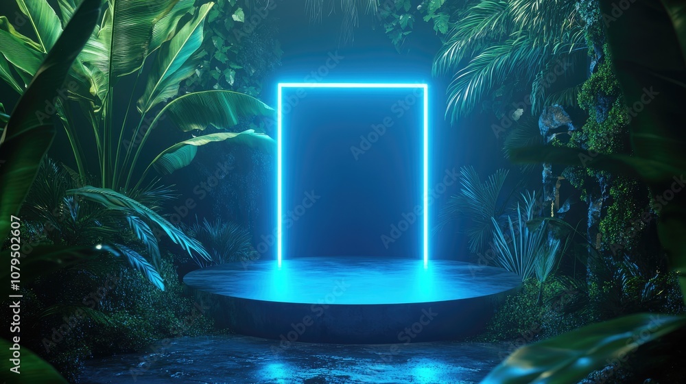 Poster Moss covered leaves and neon light design Three dimensional rendering of a blue square neon illumination paired with tropical foliage Three dimensional cylindrical podium Minimalistic setting for