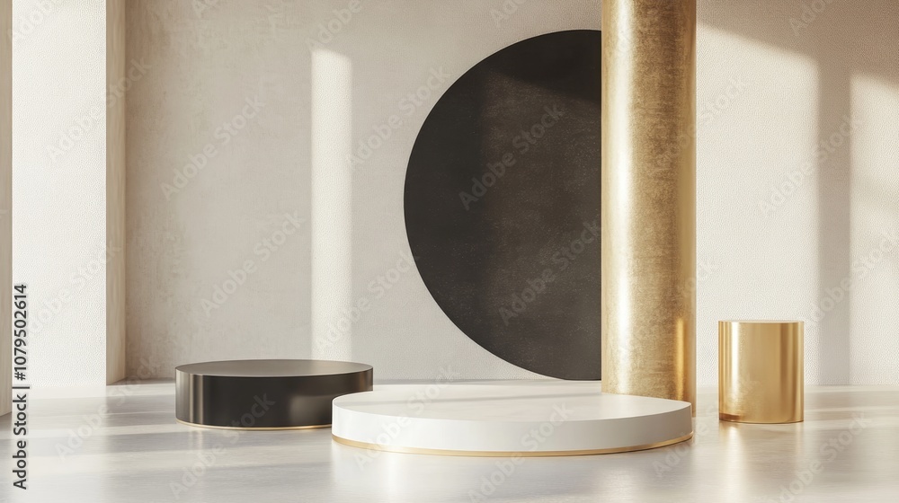 Poster geometric pedestals in white black and gold with a luxurious circular backdrop and pillar abstract s