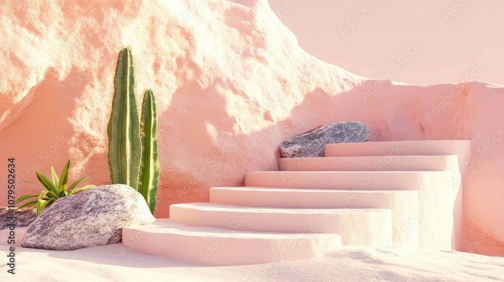 Poster abstract architectural structure displayed on a pastel background featuring shadows stones beach san