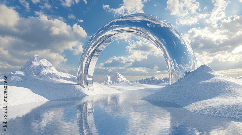 Poster Surreal dreamlike landscape featuring abstract dunes set in a winter scene complemented by a geometric arch Fantasy island view with water and a naturally cloudy sky highlighted by a metallic mirr