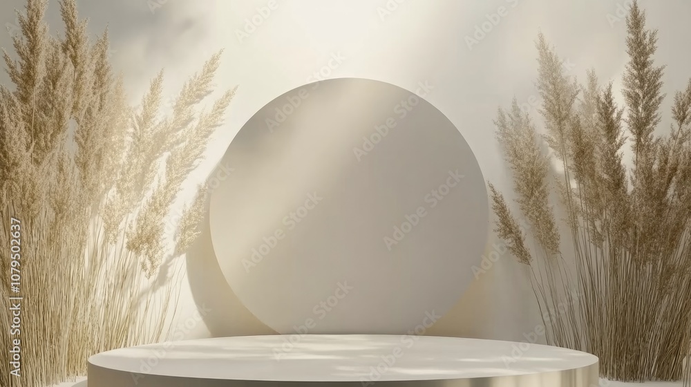 Fototapete Bright flat gray background featuring a square frame circular podium and dried wheat Natural display with minimalistic design 3D rendering