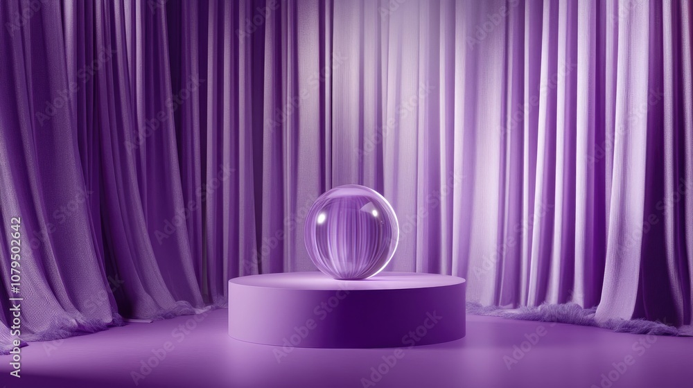 Poster 3d rendering of a purple cylinder and geometric stage featuring a glass sphere against a backdrop of