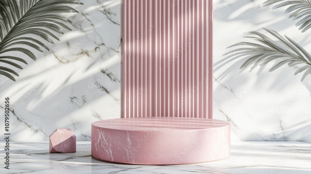 Poster Minimalist composition featuring a pink platform set on a marble podium Accented with pink metal details against a white abstract background Geometric shapes create a space for product display 3D