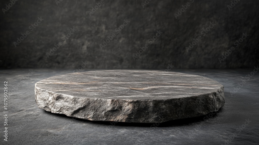 Poster 3d rendering of a stone podium for showcasing products on a dark backdrop