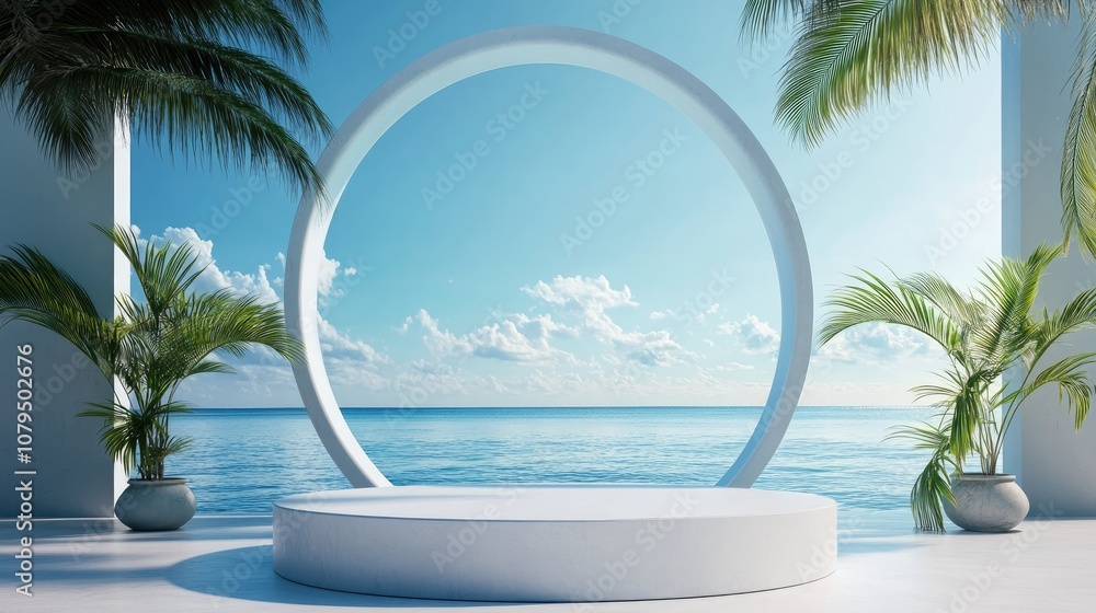 Poster 3d podium with space for product display against an abstract blue sky background tropical summer and
