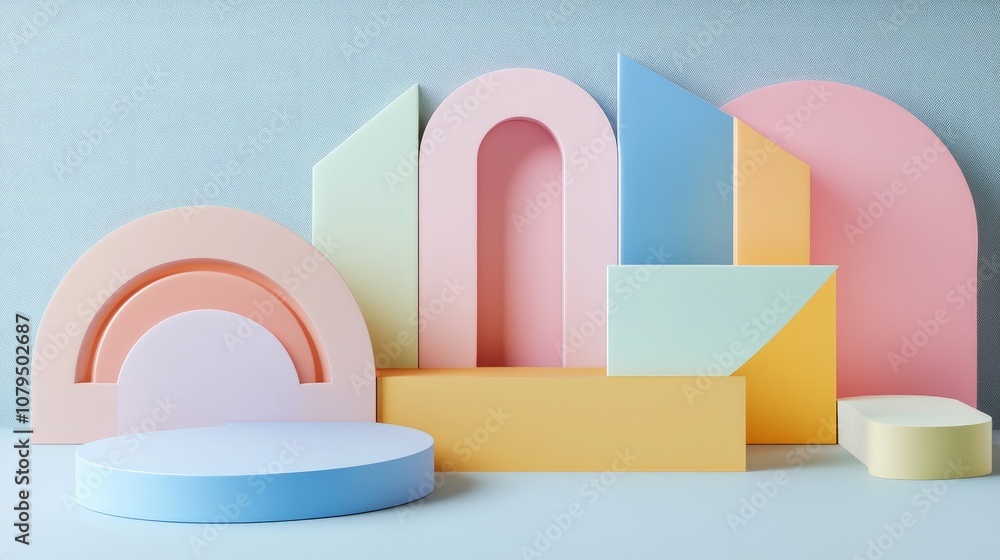 Poster Minimalist abstract geometric shapes in pastel colors designed for product display or cosmetic presentation 3D rendering