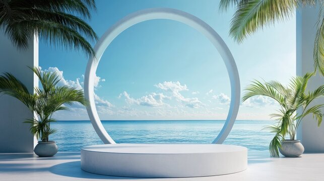 3D podium with space for product display against an abstract blue sky background Tropical summer and vacation theme Graphic art design