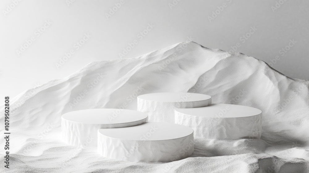 Aufkleber Three white platforms on an abstract mock up scene creating a backdrop for product display 3D rendering