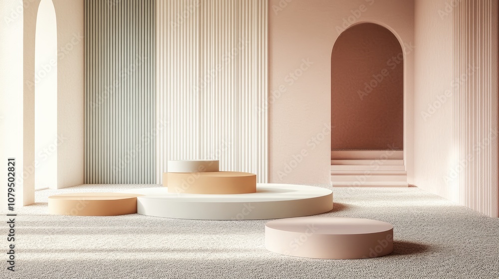 Poster 3d rendered interior featuring geometric shapes a podium on the floor and a collection of platforms 