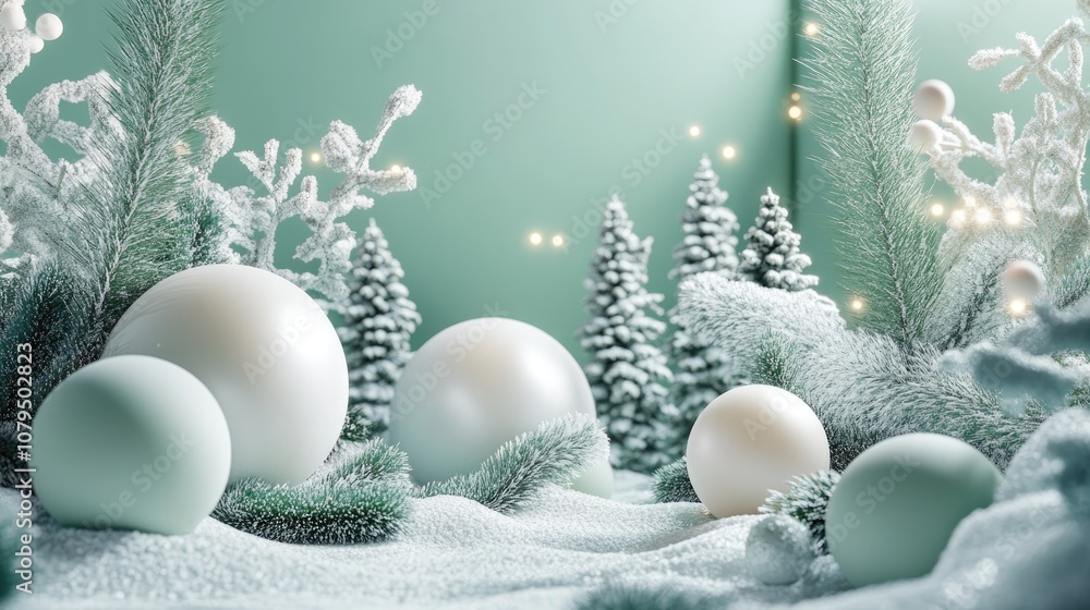 Poster Abstract 3D composition featuring a winter themed backdrop suitable for product presentation with a green color scheme