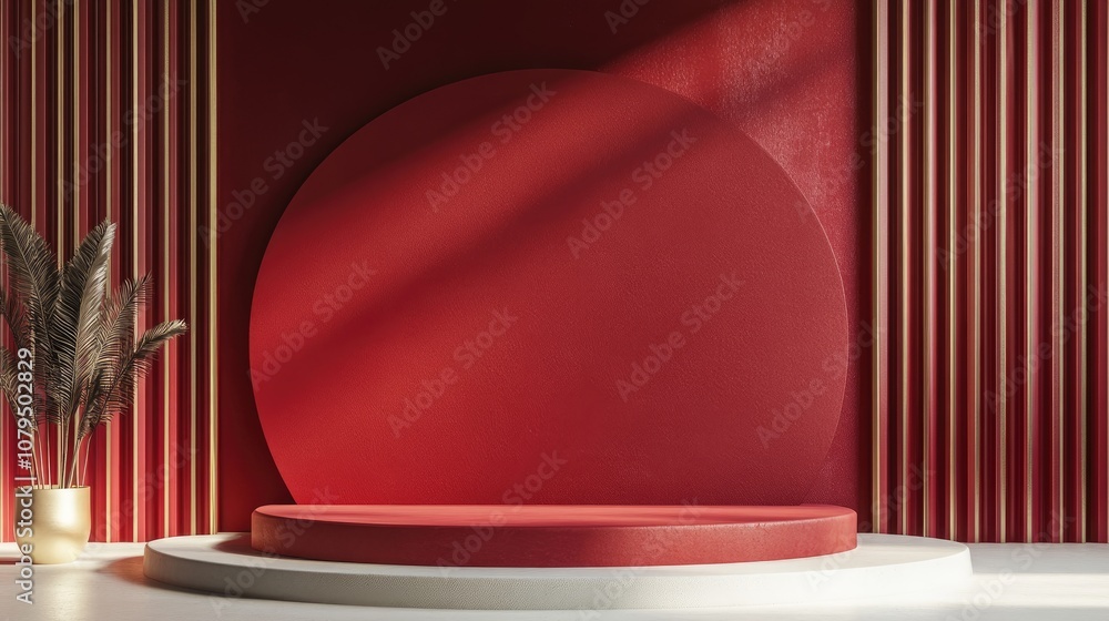 Poster cherry red wall backdrop featuring a podium minimalistic design 3d rendering