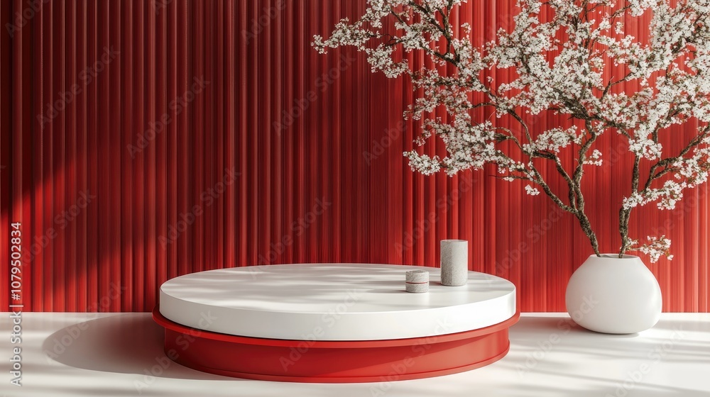Poster 3d podium mockup featuring a red and white theme for product display