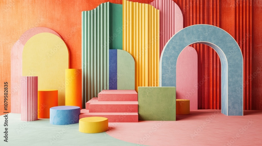 Poster 3d render of an abstract colorful background featuring geometric shapes a playful arrangement of ste