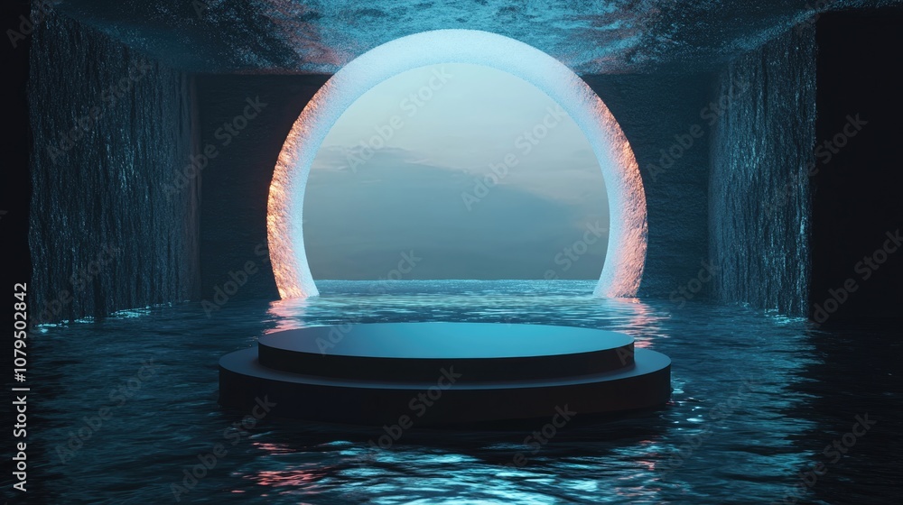 Leinwandbilder 3D render of an abstract stage podium featuring a round podium set against an underwater backdrop with soft lighting for product display and mockup purposes