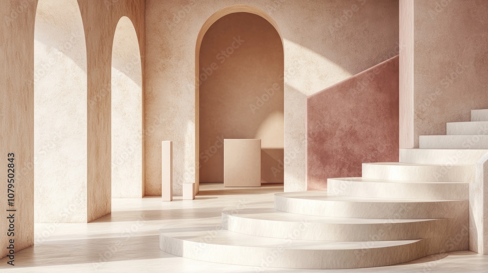 Poster Studio featuring geometric shapes and an arched staircase with steps podium and showcase set against a soft pastel background for showcasing premium products 3D render Modern and stylish graphic d