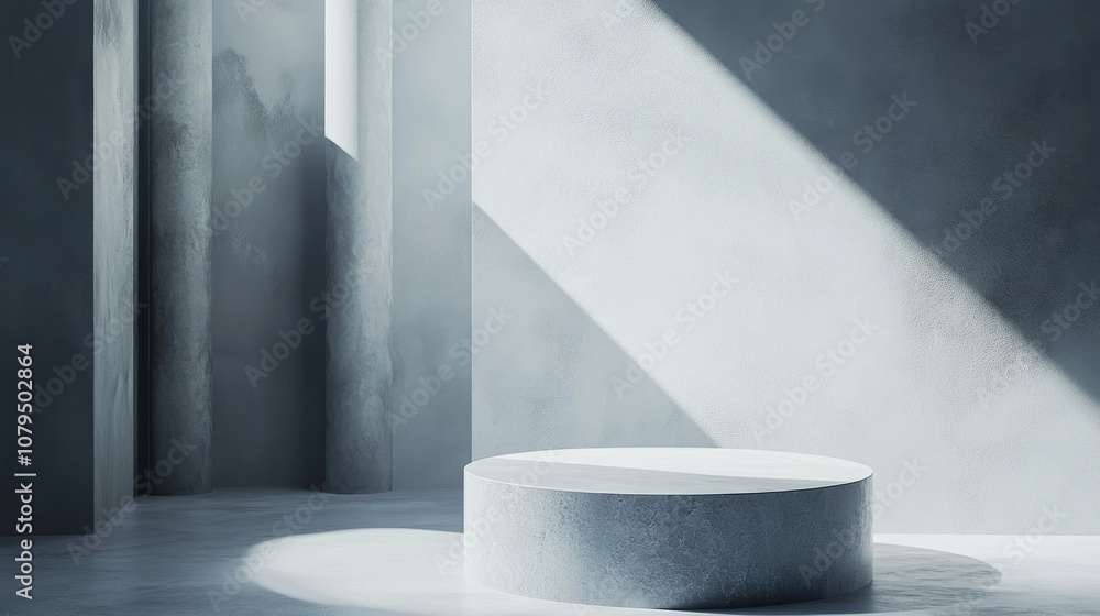 Poster 3d abstract geometric shape featuring a bright gray and white cylinder podium in a minimal studio se