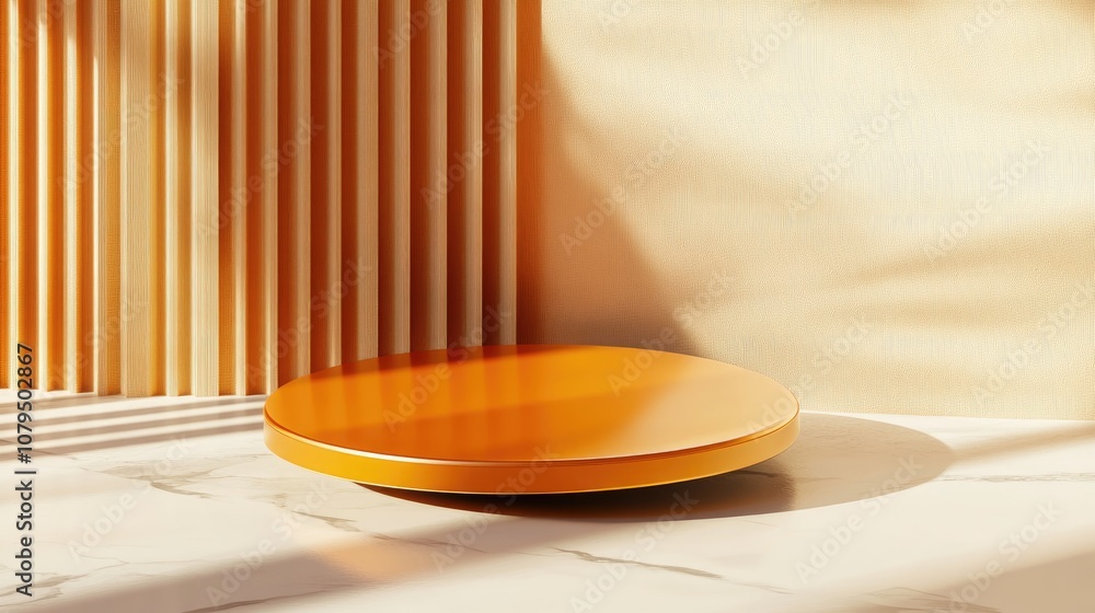 Poster orange glossy podium with an abstract geometric background circular pedestal for showcasing cosmetic