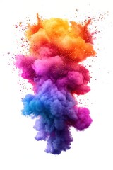 Bright, colorful explosion of smoke and dust, blending orange, pink, purple, and blue hues on a white background.
