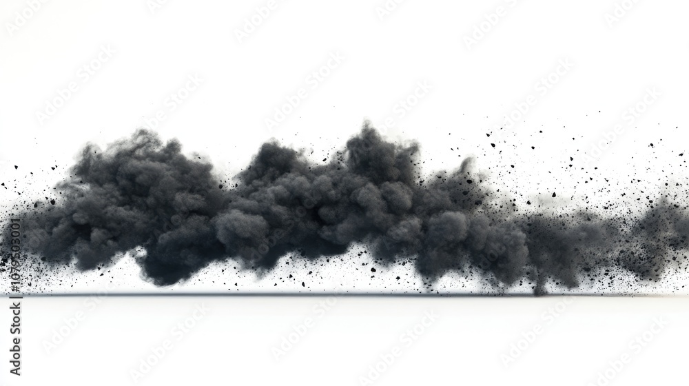 Poster freeze motion of black powder exploding on a white background in 3d cartoon rendering