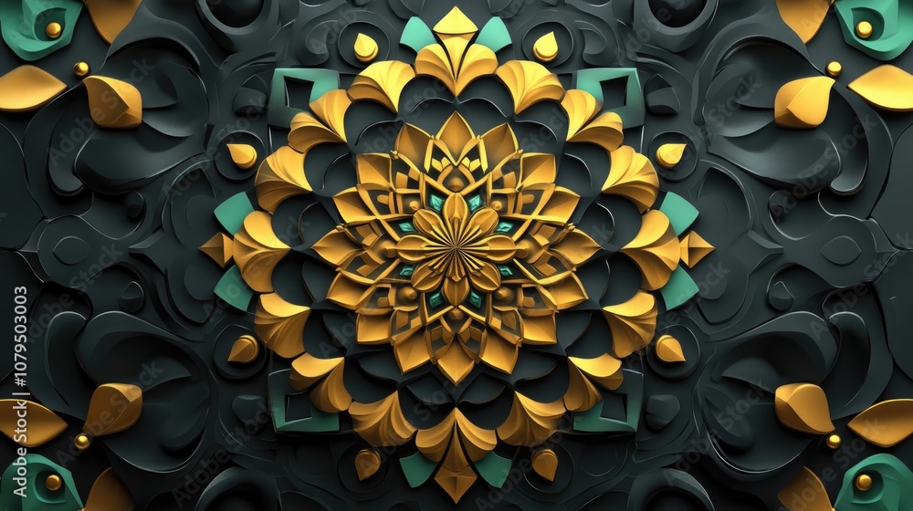 Poster 3d cartoon rendering featuring a mandala pattern with sacred geometry in black gold yellow and green