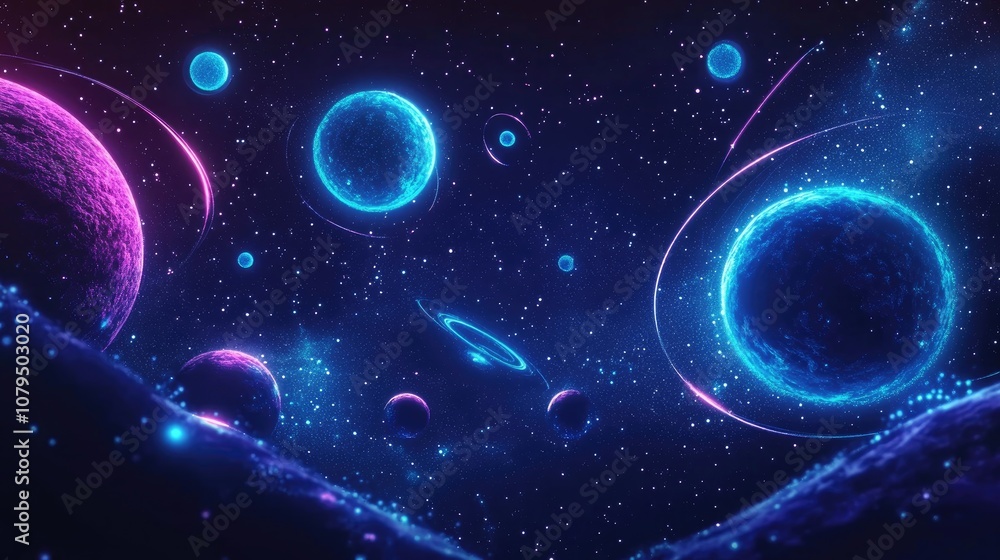 Poster Dark retro futuristic art neon abstraction background featuring a 3D cartoon rendering of a glowing galaxy with blue circles and planets in a starry sky