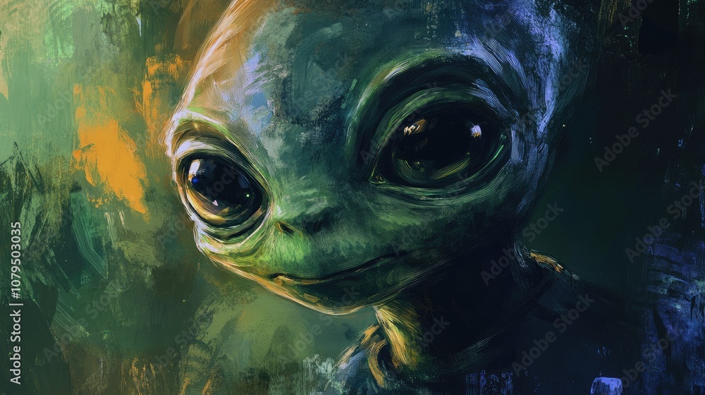 Poster artistic concept painting of an alien portrait with a 3d cartoon rendering in the background