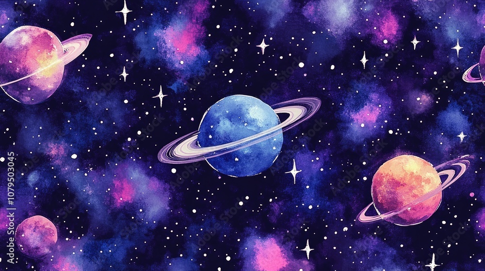 Poster seamless pattern of watercolor space featuring galaxy clipart and a purple space background in a 3d 