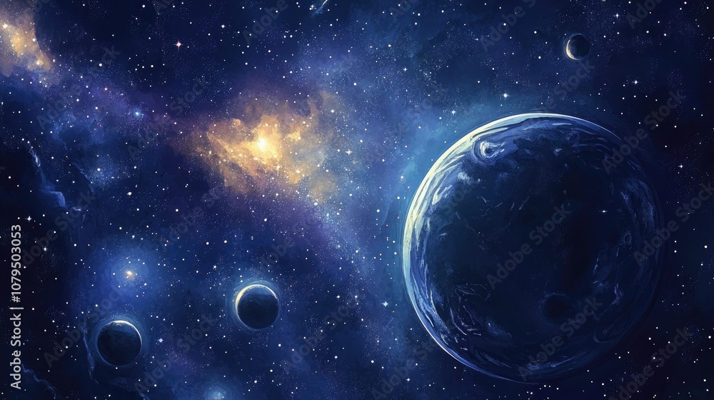 Poster 2d illustration featuring a cartoon background image deep interstellar space with stars planets and 