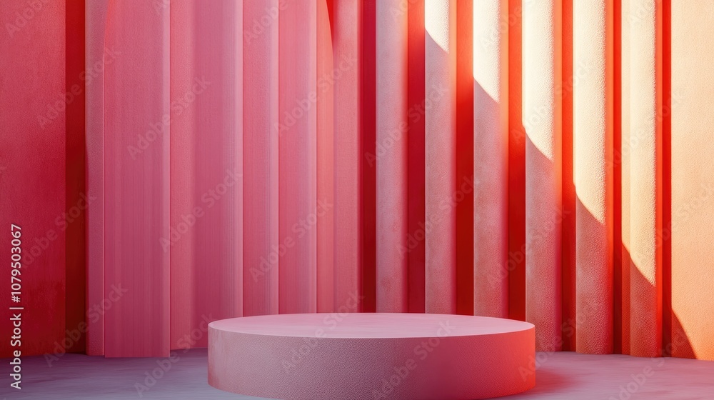 Leinwandbilder minimalist composition featuring a geometric shape with a cylinder podium set against a pink backdro