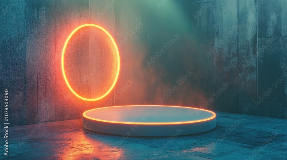 Poster neon light product display on a textured street floor featuring a glowing spotlight and an empty pod