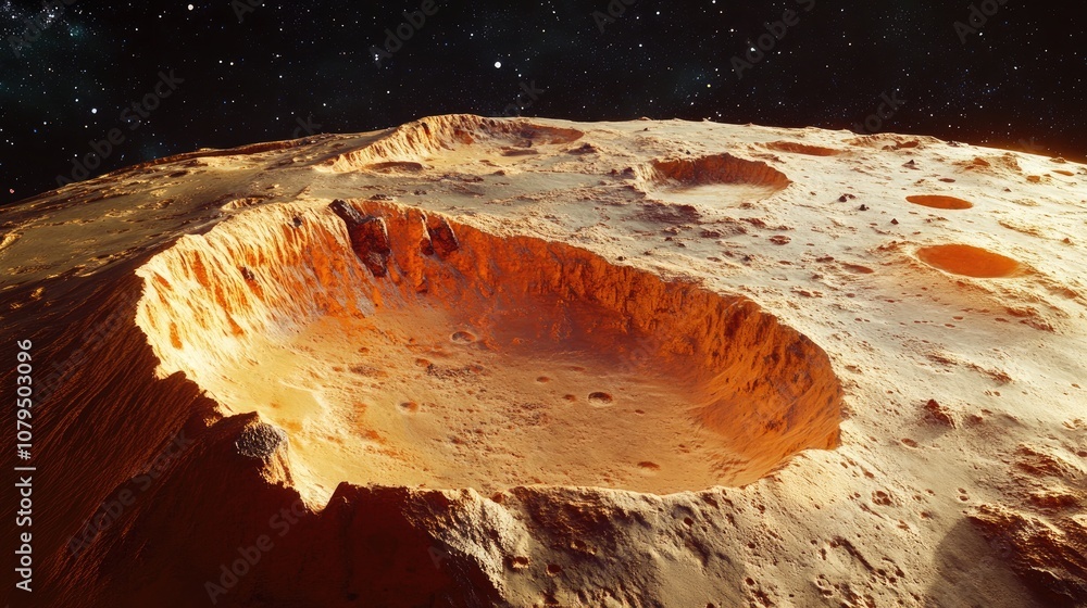 Aufkleber 3D cartoon representation showcasing the surface of a red planet featuring faults and craters in the topography along with a desert viewed in infrared light and a space themed textured backdrop