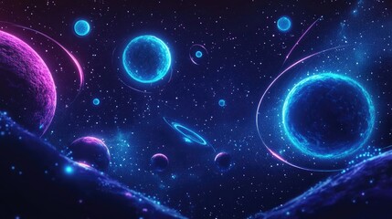 Dark retro futuristic art neon abstraction background featuring a 3D cartoon rendering of a glowing galaxy with blue circles and planets in a starry sky