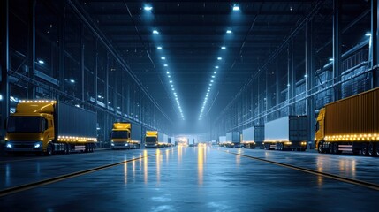 Obraz premium Nighttime truck movement warehouse industrial scene urban environment perspective view logistics concept