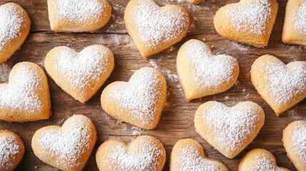 Fototapeta premium Heart-shaped Cookies Dusting with Powdered Sugar on Wooden Surface for Sweet Celebrations and Baking Inspired Moments
