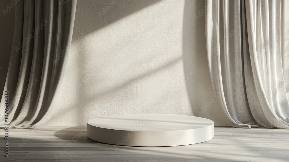 Poster Neutral platform against a wall and curtain backdrop mockup setting for product display 3D rendering