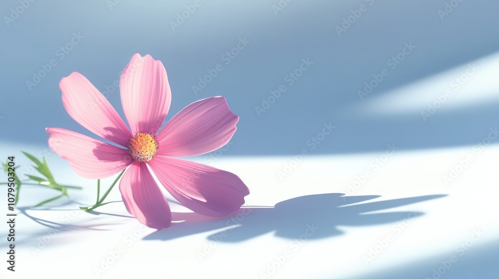 Poster detail of shadow on a white background featuring a pink cosmos flower in 3d cartoon rendering creati