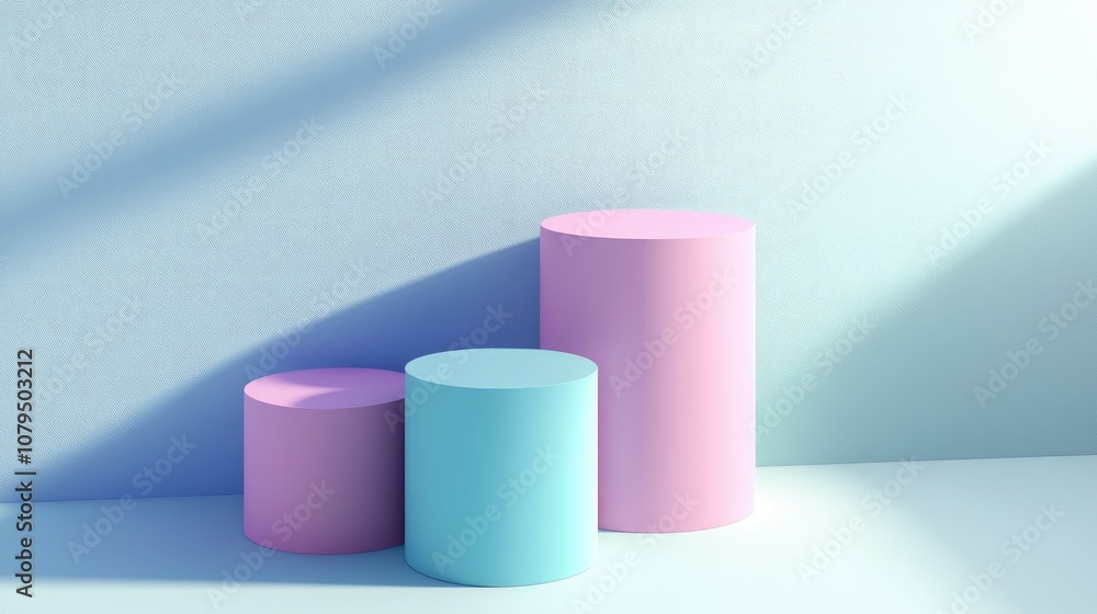 Poster 3d rendered cylinder podium on the floor with geometric shapes serving as platforms for product pres