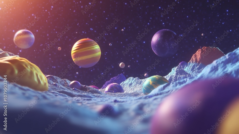 Poster cartoon rendering of planets in space in 3d