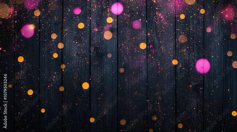 Poster festive panoramic banner with pink and yellow bokeh lights and golden glitter against a dark wooden 