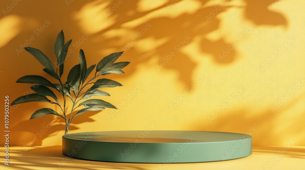 Poster 3D podium display in green and yellow with an orange backdrop and tree shadow summer themed product mockup 3D rendered illustration