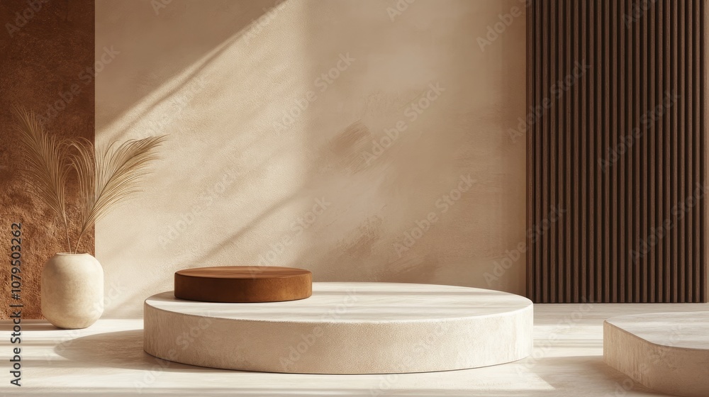 Aufkleber circular podium stand pedestal or platform in beige and brown hues designed for product presentation