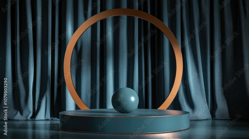 Poster empty blue and black cylindrical podium with a copper edge featuring a spherical object on a circula