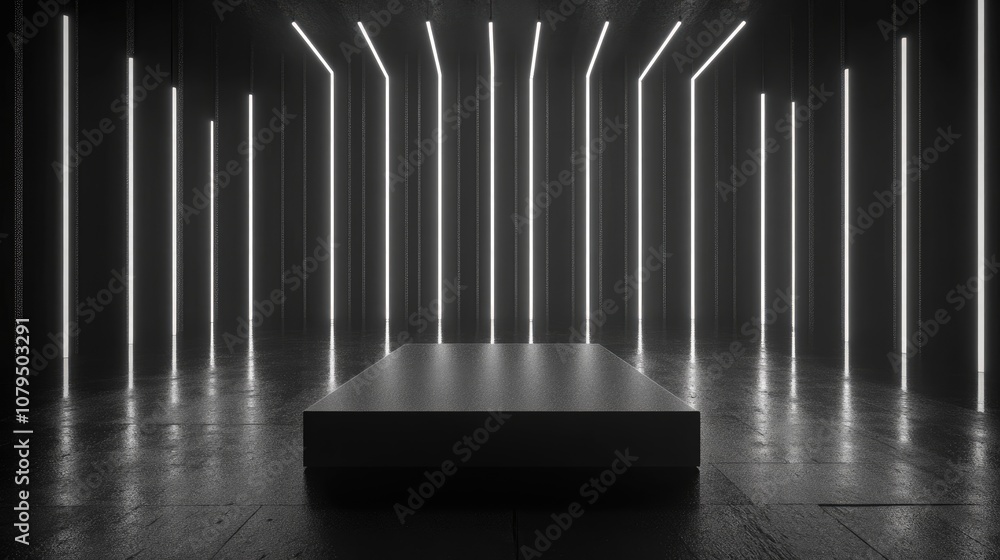 Poster dark square pedestal for showcasing products surrounded by linear lights in a lifelike 3d abstract b
